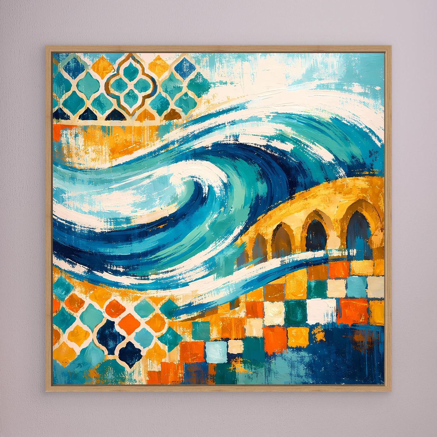 Wandbild auf Leinwand mit beigem Holzrahmen, abstrakte Wellen und Mosaikornamente in Blau und Gelb