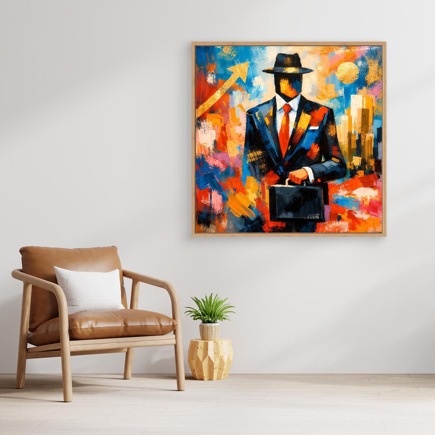 Leinwandbild: abstraktes Pop-Art-Porträt eines Geschäftsmanns mit Hut und Aktentasche