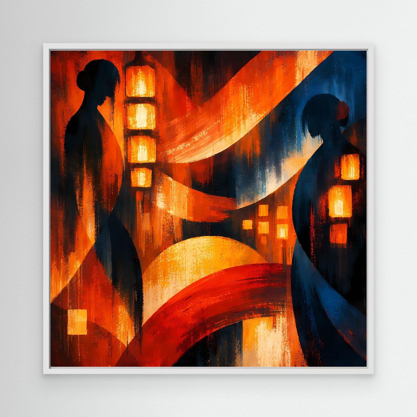 Japanisches Wandbild mit weißem Rahmen und zwei Geisha-Silhouetten, Laternen im Rot-Blau-Motiv