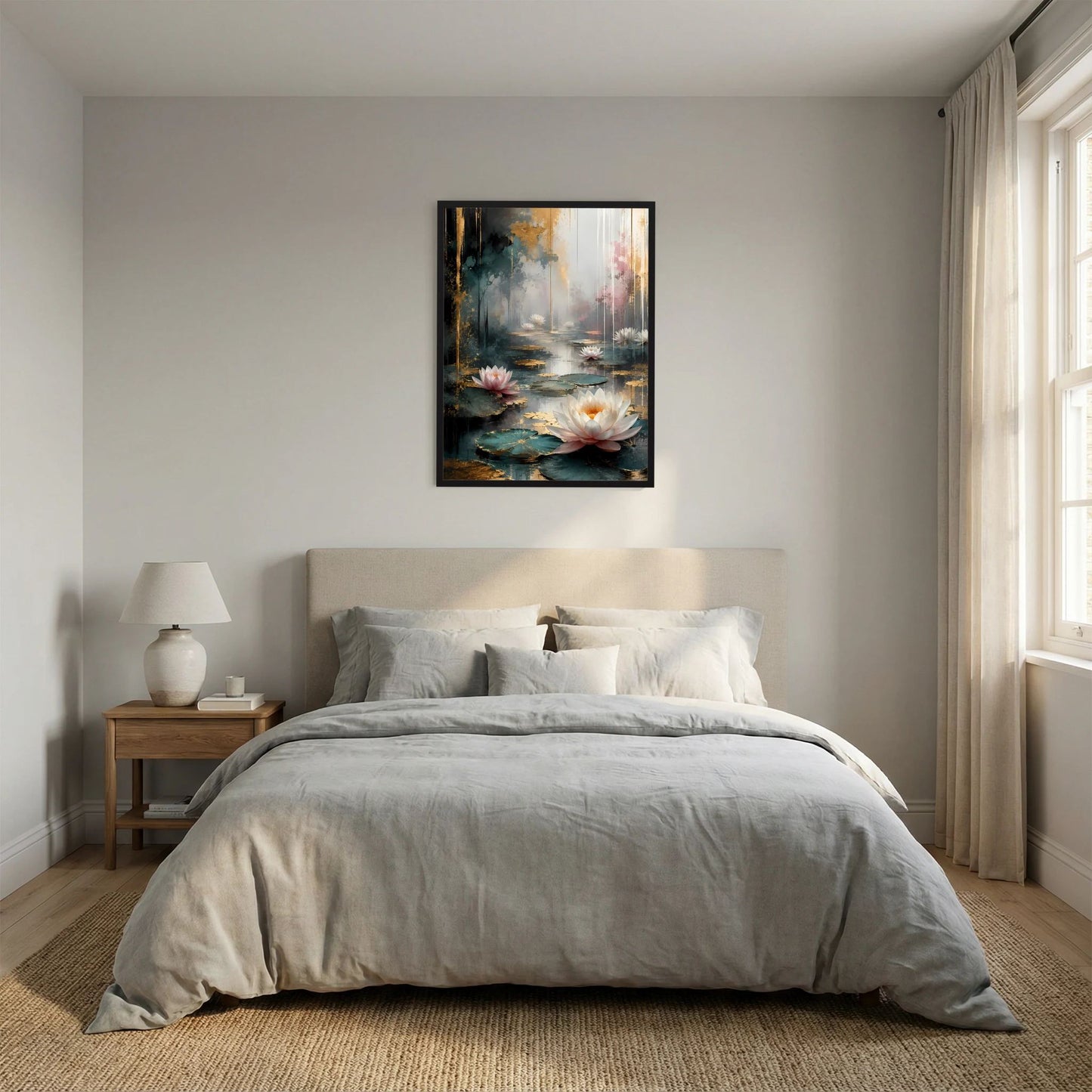 Hochformat-Poster mit abstrakten Wasserlilien in Weiß/Rosa im schwarzen Rahmen