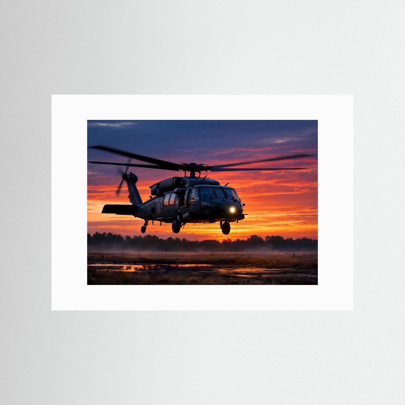 Poster im Querformat mit Militär-Helikopter, weißer Rand ohne Rahmen