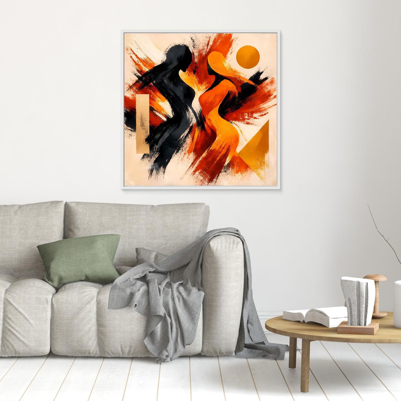 Abstraktes Leinwandbild mit orange-roter Figur und schwarzer Silhouette, weißer dünner Rahmen