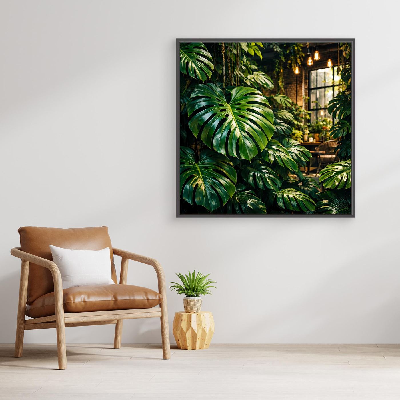 Leinwandbild mit grünen Monstera-Blättern und Dschungelweg, schwarz gerahmt