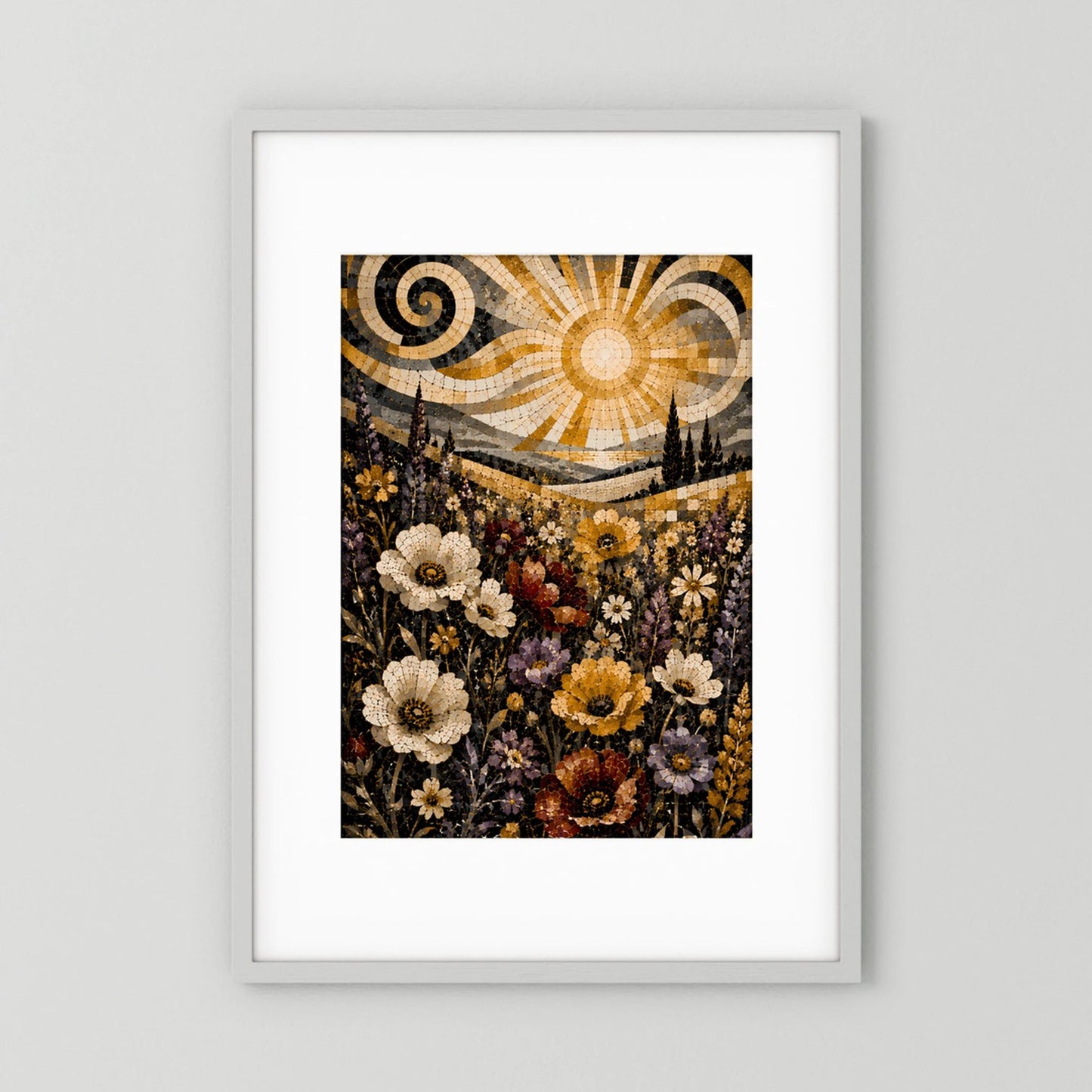 Poster im Hochformat mit Mosaikblumen und goldener Sonne, floral gerahmt