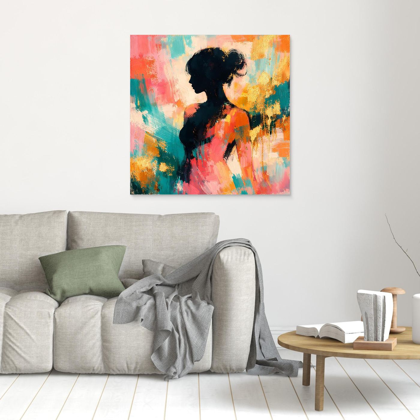Leinwandbild mit abstrakter Frauen-Silhouette im Pastell