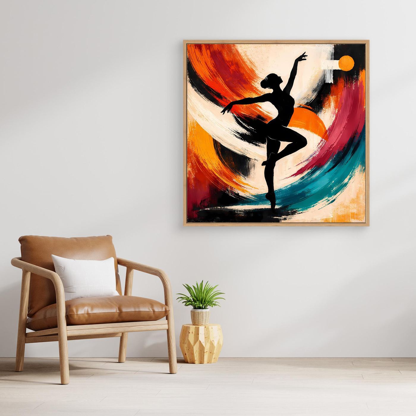 Leinwandbild mit abstrakter Ballerina in Schwarz: orange/rote und türkisfarbene Pinselstriche
