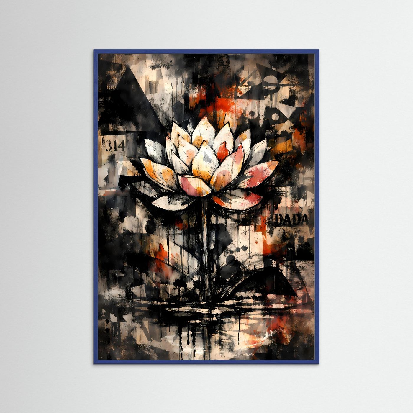 Kunstposter mit abstrakter Lotusblüte in Graphitschwarz, Altweiß & Rostorange, blauer Rahmen