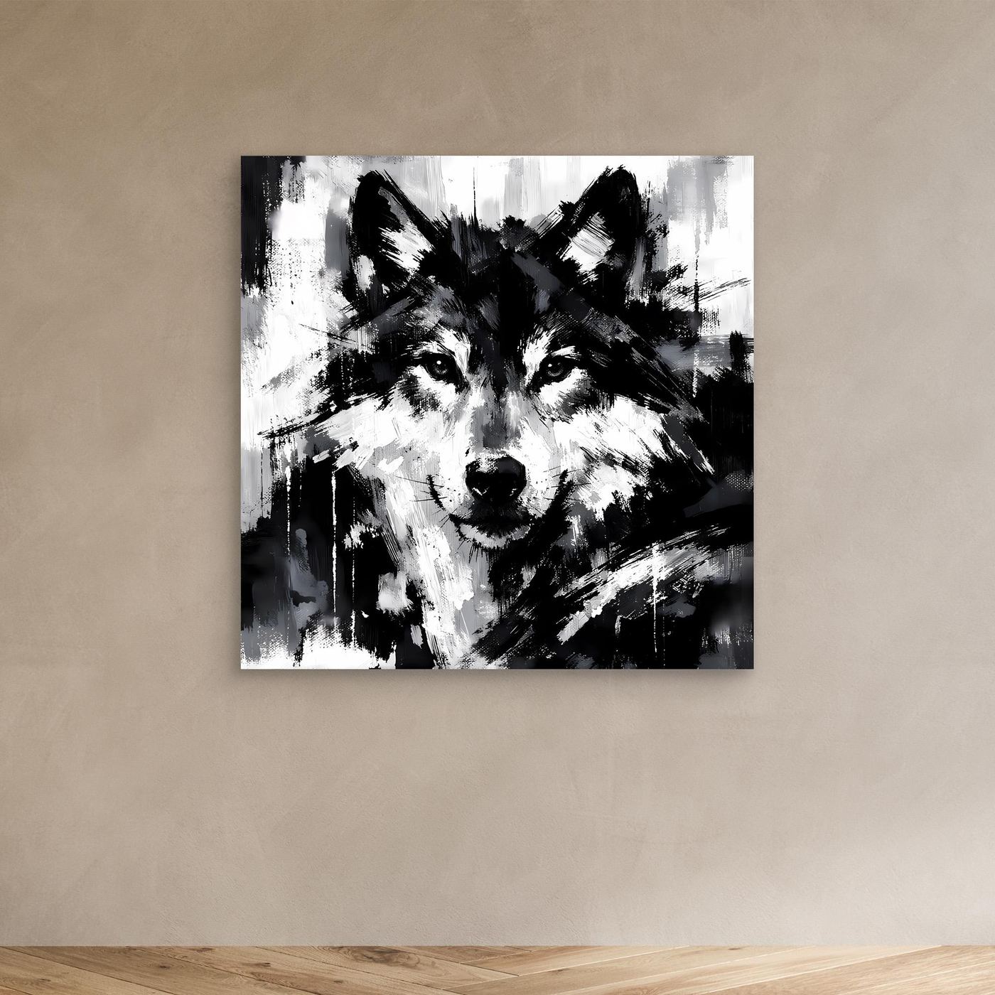 Leinwand-Wandbild mit abstraktem Wolf in Schwarzweiß, ohne Rahmen
