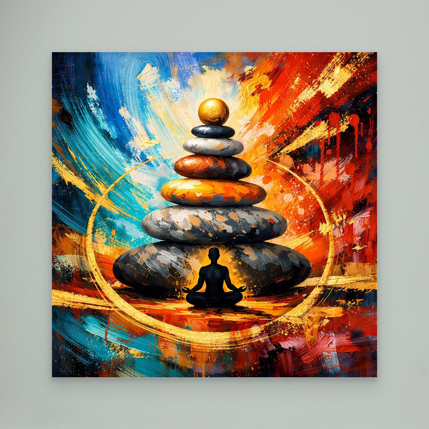 Leinwandbild mit Steinstapel und Meditationsfigur, abstrakt in Blau, Rot und Orange