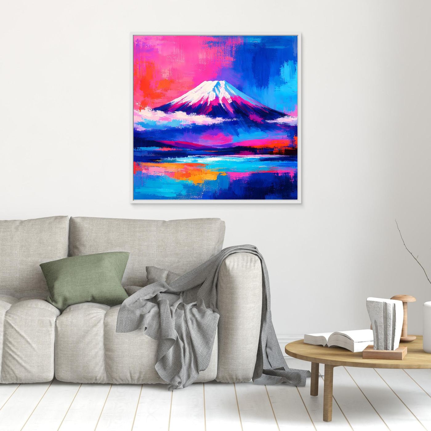 Leinwandbild Abstrakter Fuji bei Sonnenuntergang | Farbenfrohes Berg Wandbild auf echtem Holzkeilrahmen