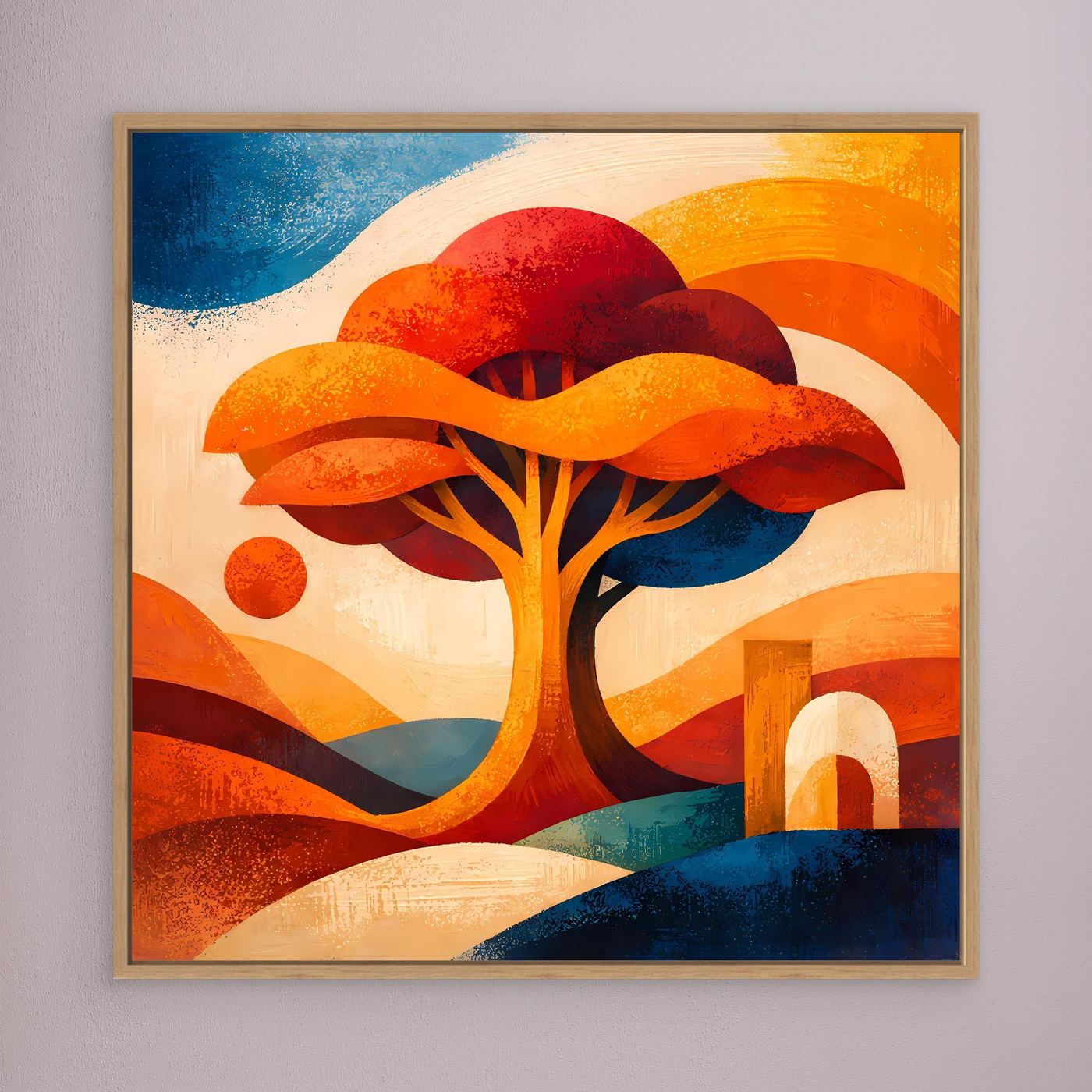 Leinwandbild mit abstraktem Lebensbaum in Orange, Blau und Rot, goldener Rahmen