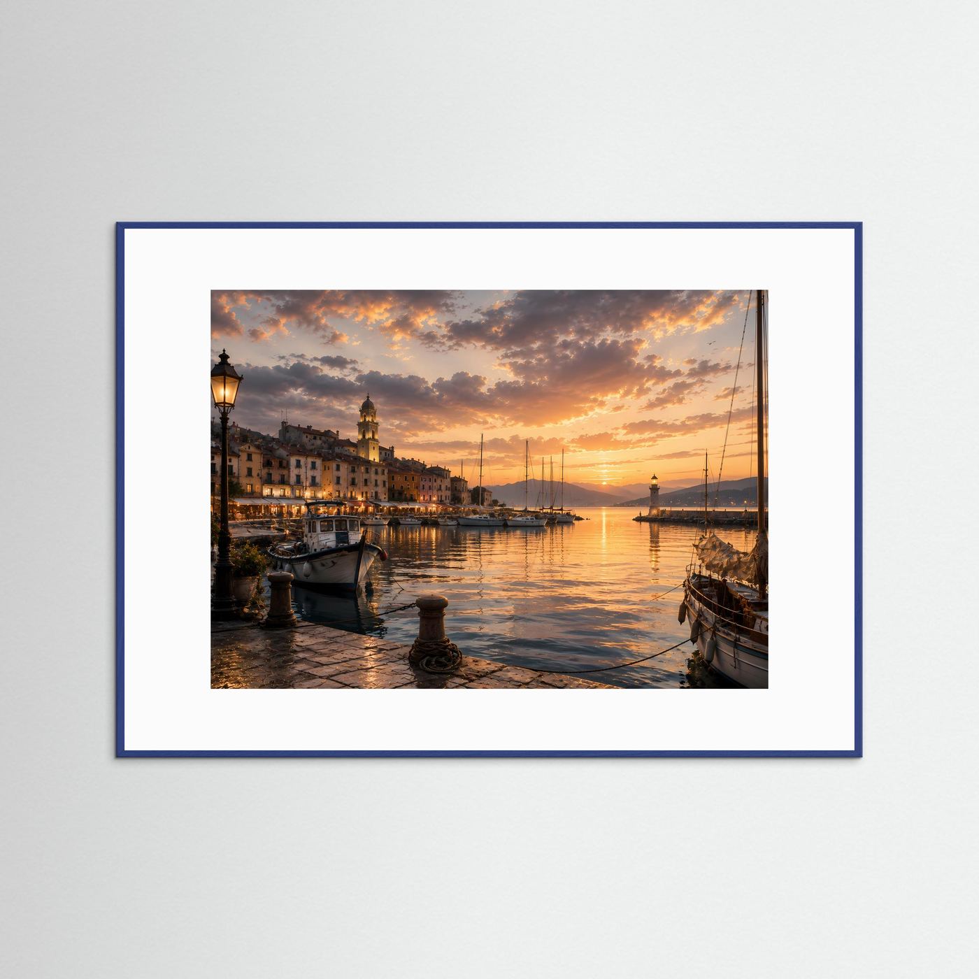Poster im Querformat mit blauem Rahmen: Hafen bei Sonnenuntergang und Segelboote