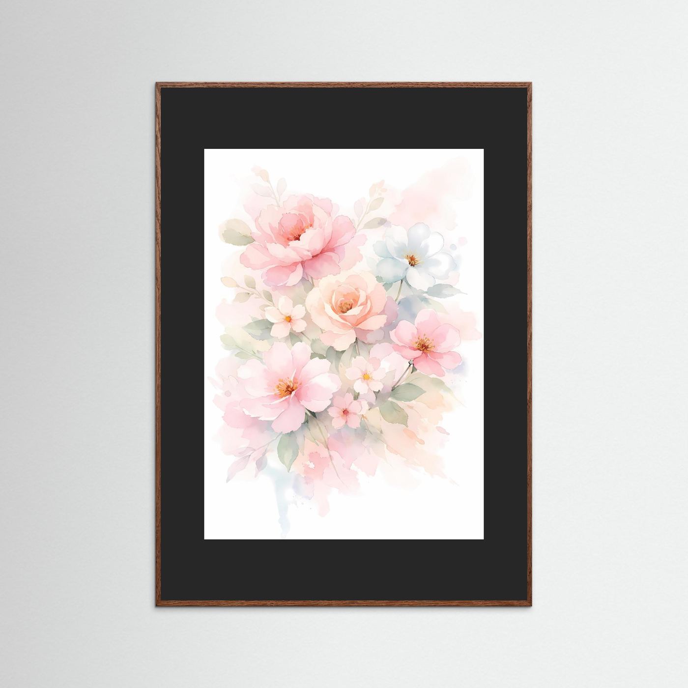 Wandbild mit Blumenbouquet im Aquarellstil, brauner Rahmen und weißer Bildausschnitt