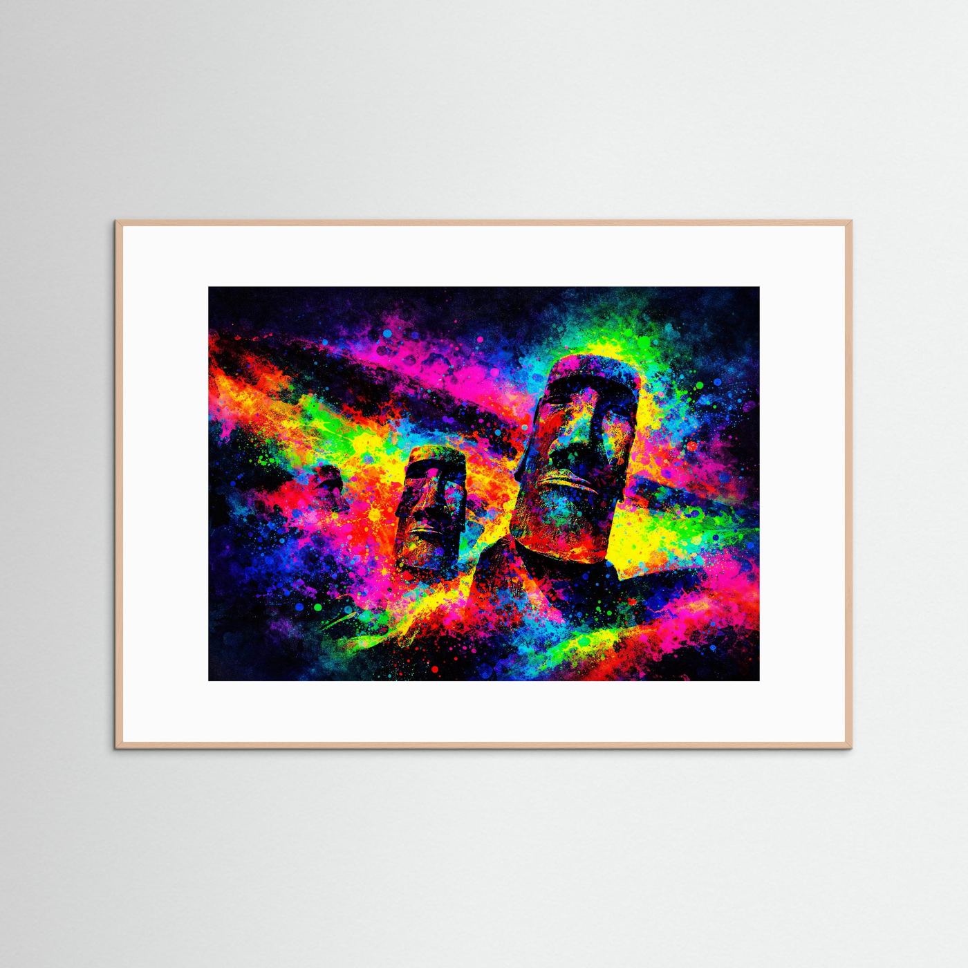 Farbenfrohe Moai Osterinsel Statuen | Neon Pop Art & Bunte Kultur Wandbild Querformat