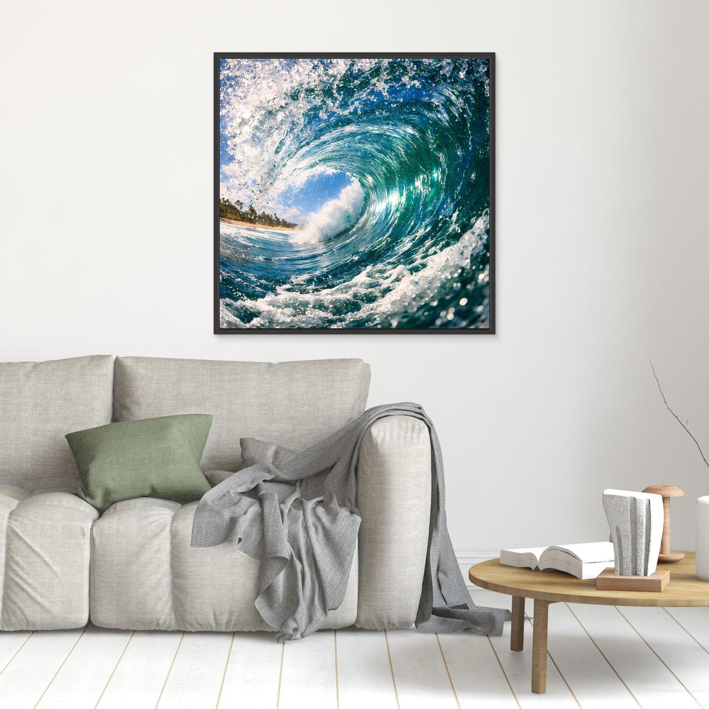 Leinwandbild Ozeanwelle mit türkisblauem Wasser und weißem Schaum, schwarz gerahmt
