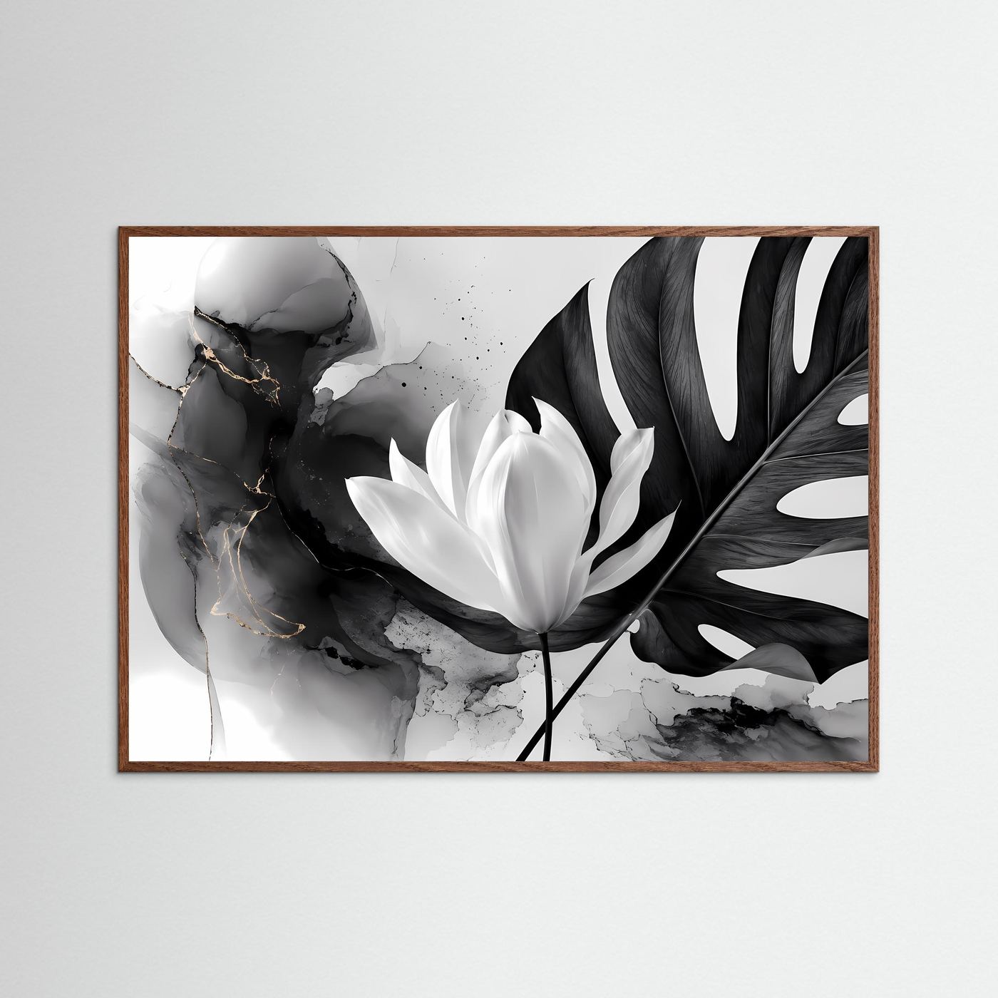 Schwarz Weiß Lotus Poster | Monstera Botanical Wandkunst | Minimalistische Blumen Kunst | Moderne Leinwand | Monochrome Natur mit Goldakzenten