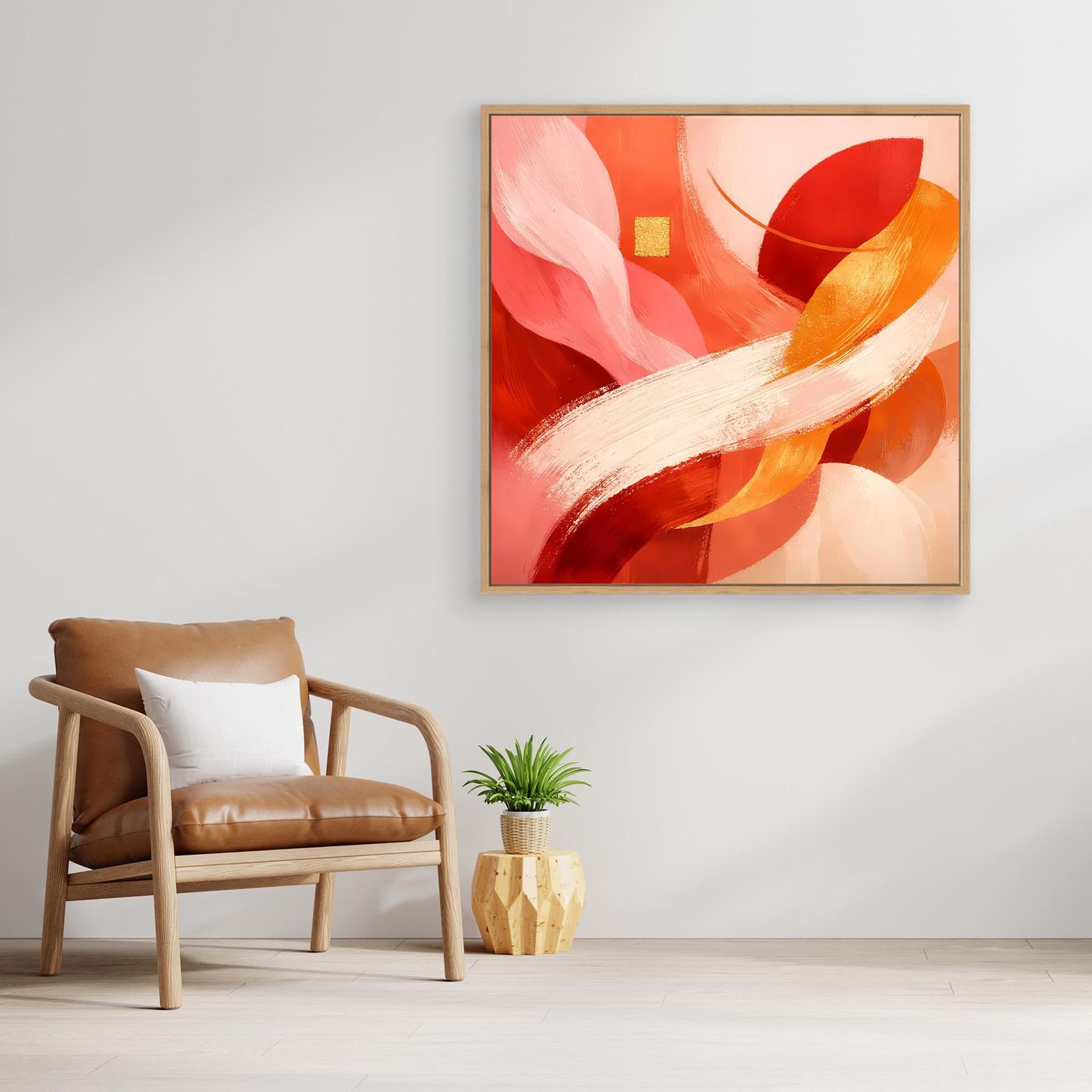 Abstraktes Leinwandbild in warmem Rot-Orange-Gold mit gerahmter Leinwand im Holzlook