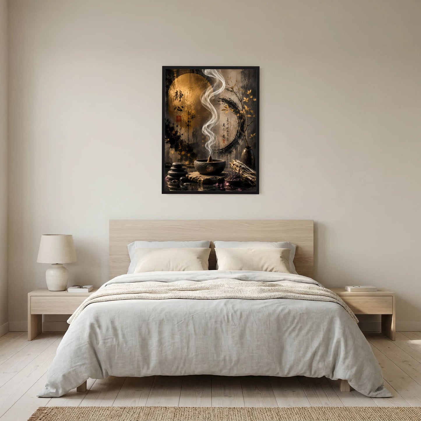 Gerahmtes Poster mit goldenem Kreis, weißem Räucherrauch und dunkler Schale.