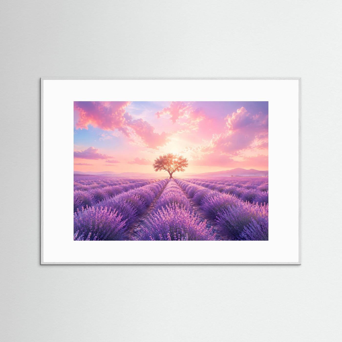 Lavendelfeld Poster | Sonnenuntergang Landschaft | Baum des Lebens Wandbild | Provence Natur Kunst | Romantischer Fine Art Print