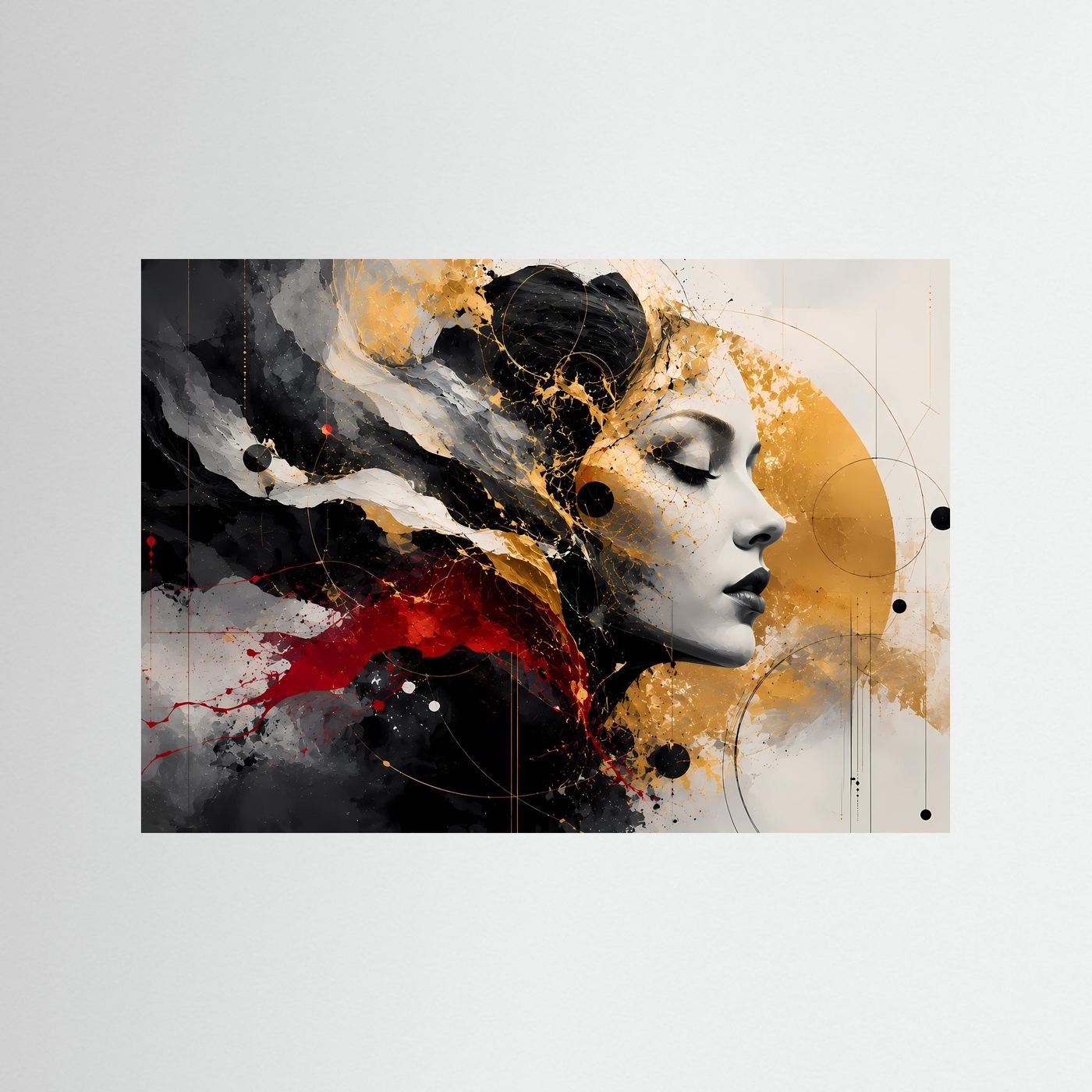 Abstraktes Frauenporträt Poster | Schwarz Gold Rot Wandkunst | Modernes Gesicht Kunst | Elegante Leinwand | Luxus Wall Art