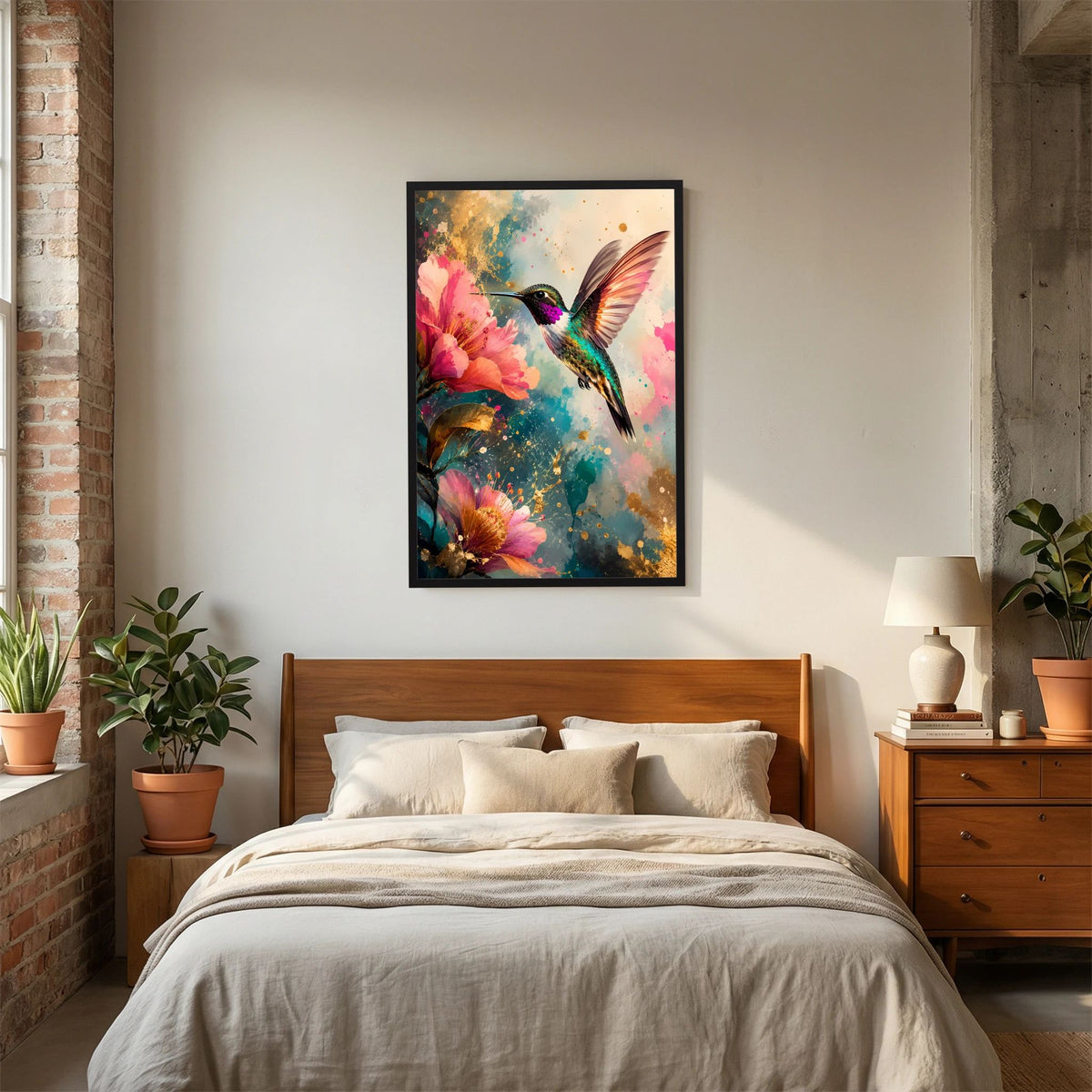 Gerahmtes Kunstposter mit Kolibri und rosa Blüten, Goldakzente, dunkler Rahmen