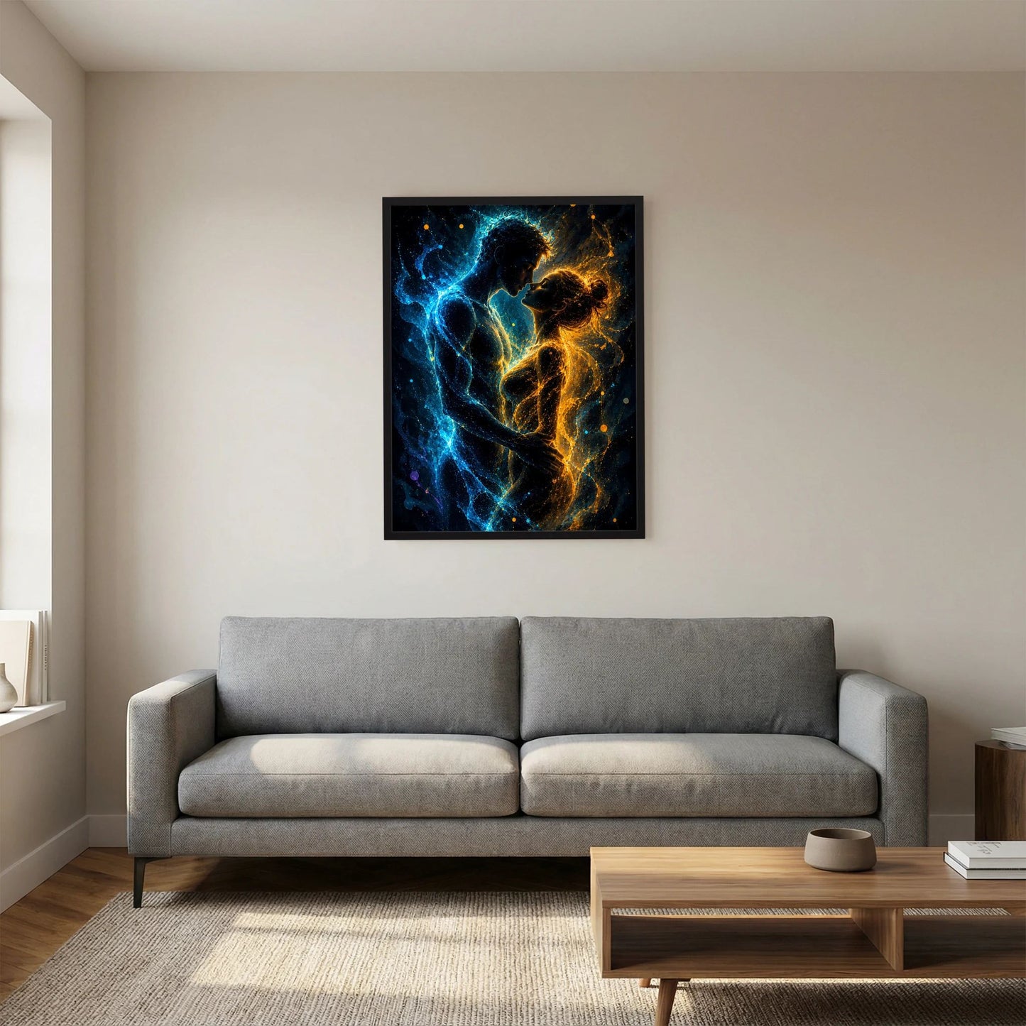 Quadratisches Poster mit schwarzem Rahmen, blaues und goldenes Energiemotiv