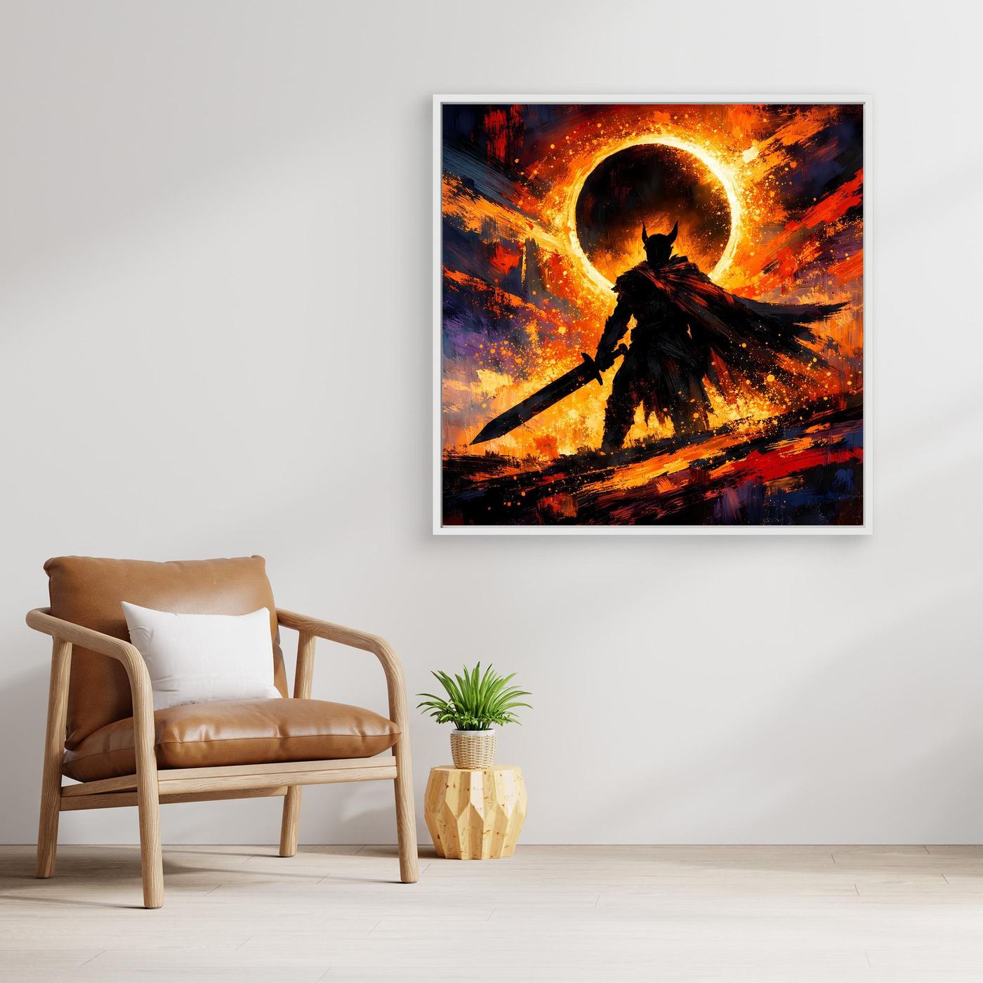 Fantasy-Wandbild auf Leinwand: dunkler Ritter in dramatischer Lichtaura, brauner Holzrahmen