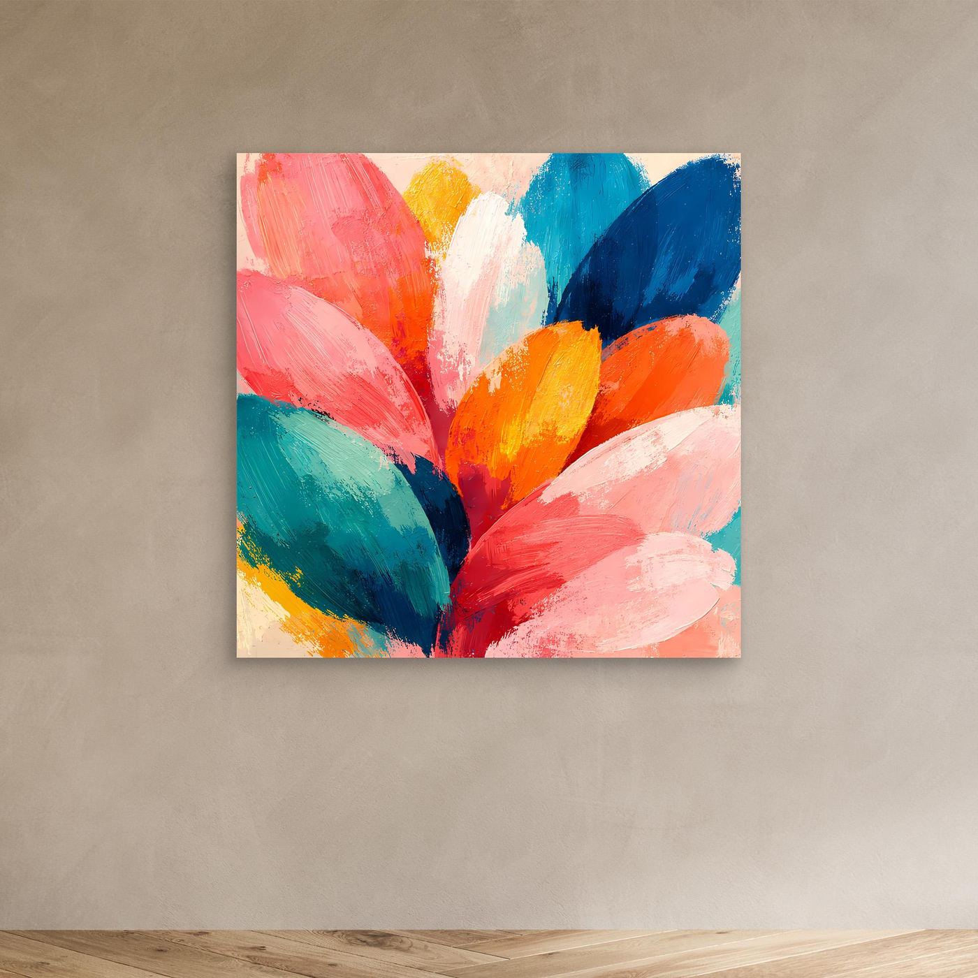 Abstraktes Blüten-Leinwandbild mit bunten Pinselstrichen in Pink, Orange, Blau und Grün