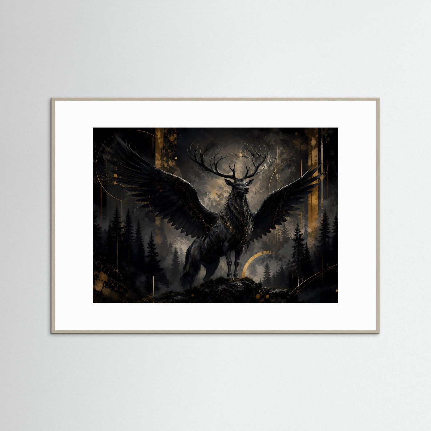 Mystischer schwarzer Hirsch mit Flügeln | Fantasy Poster im Wald | Edles Wandbild Schwarz & Gold Querformat