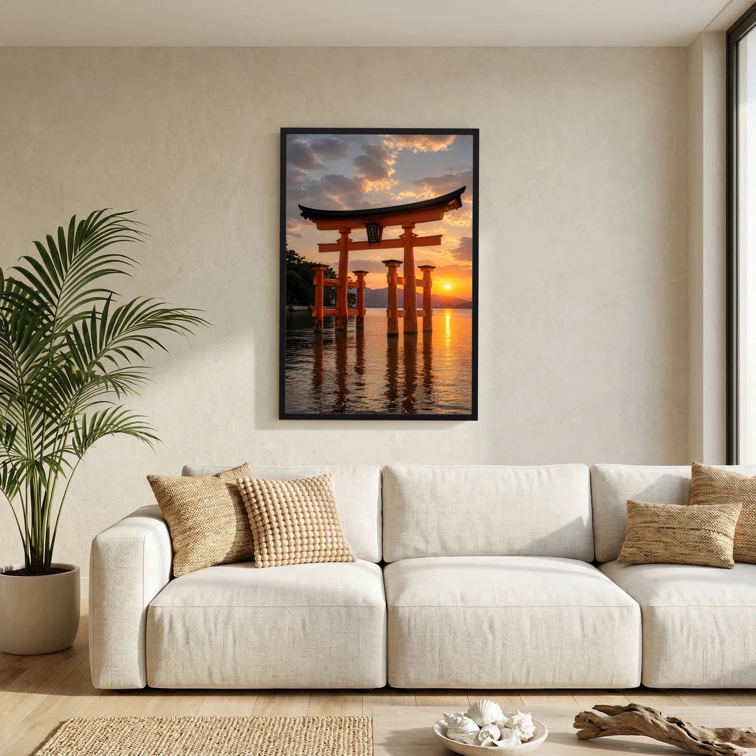 Japan-Torii-Wandposter mit schwarzem Rahmen, hochformatig, am Torii am Sonnenuntergang