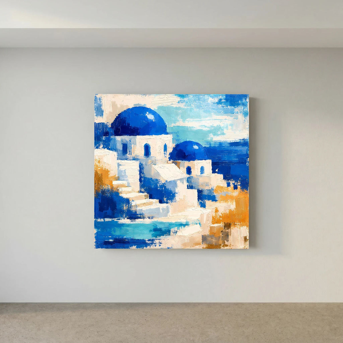Wandbild mit blauweißen Santorin-Häusern in abstrakter Pinseloptik
