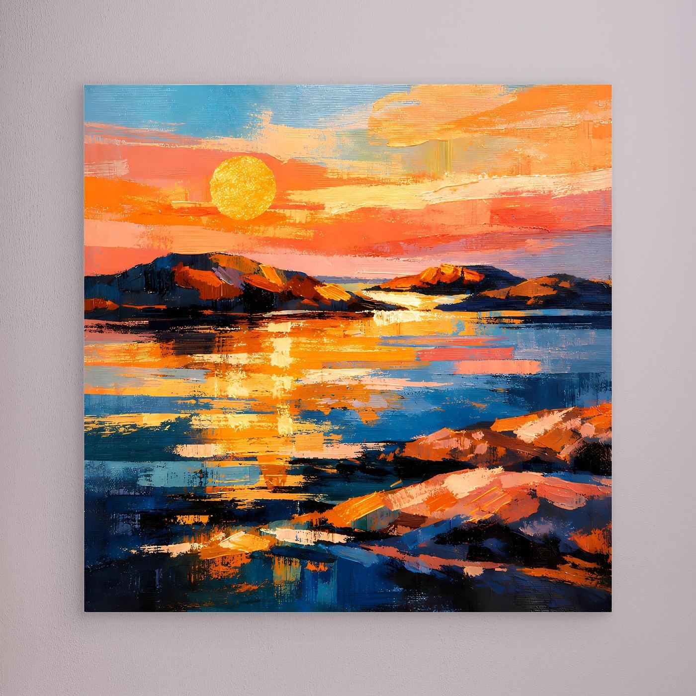 Leinwandbild ohne sichtbaren Rahmen mit abstrakter Küste, gelbe Sonne über Wasser