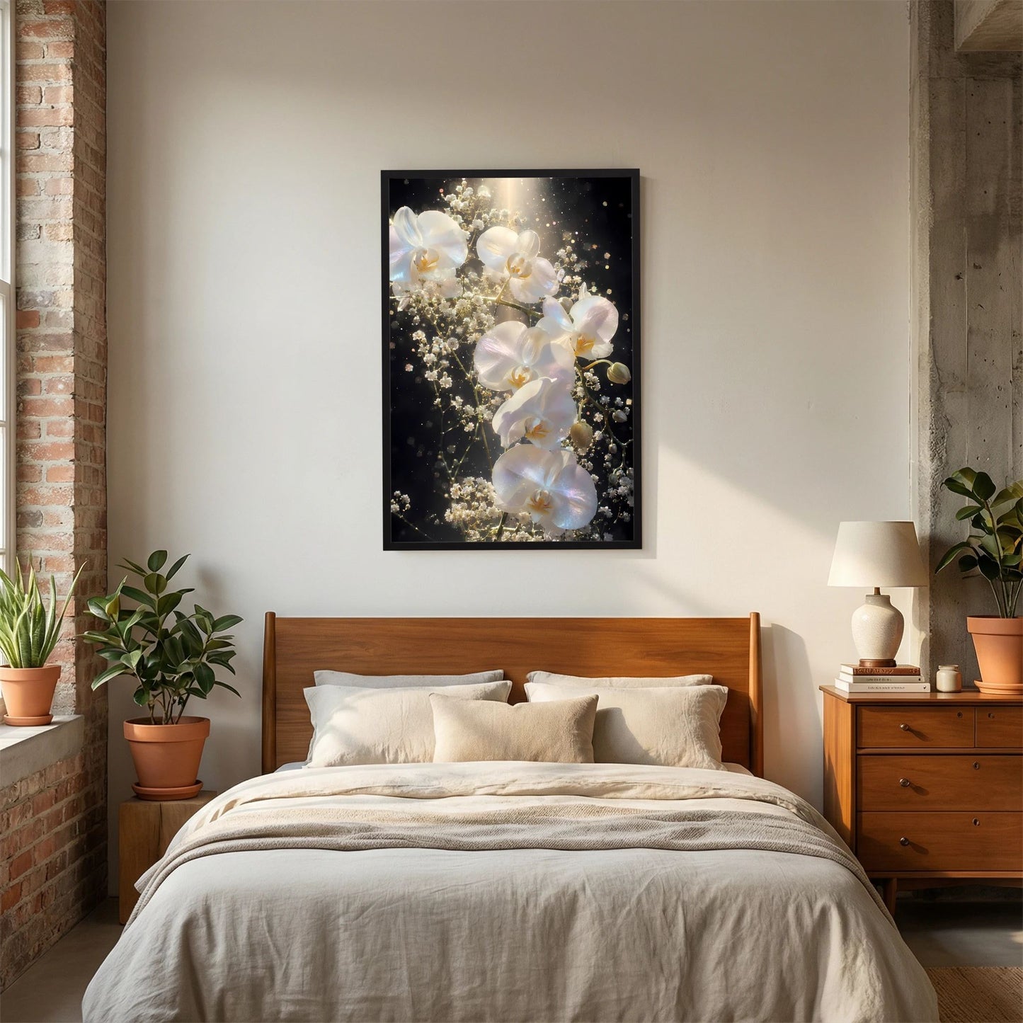Orchideen-Blumenposter mit weißen Orchideen im schwarzen Rahmen über dem Bett