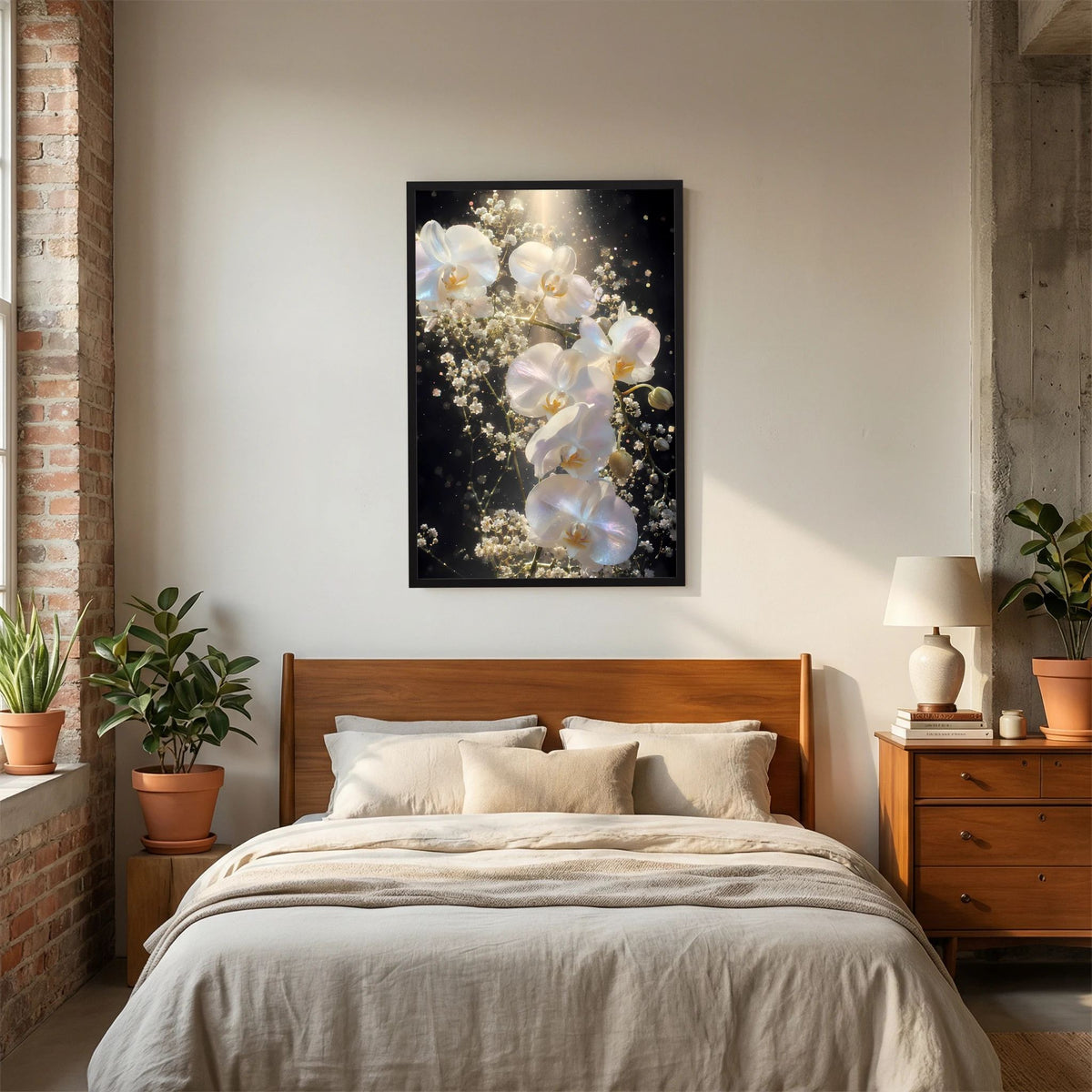 Orchideen-Blumenposter mit weißen Orchideen im schwarzen Rahmen über dem Bett