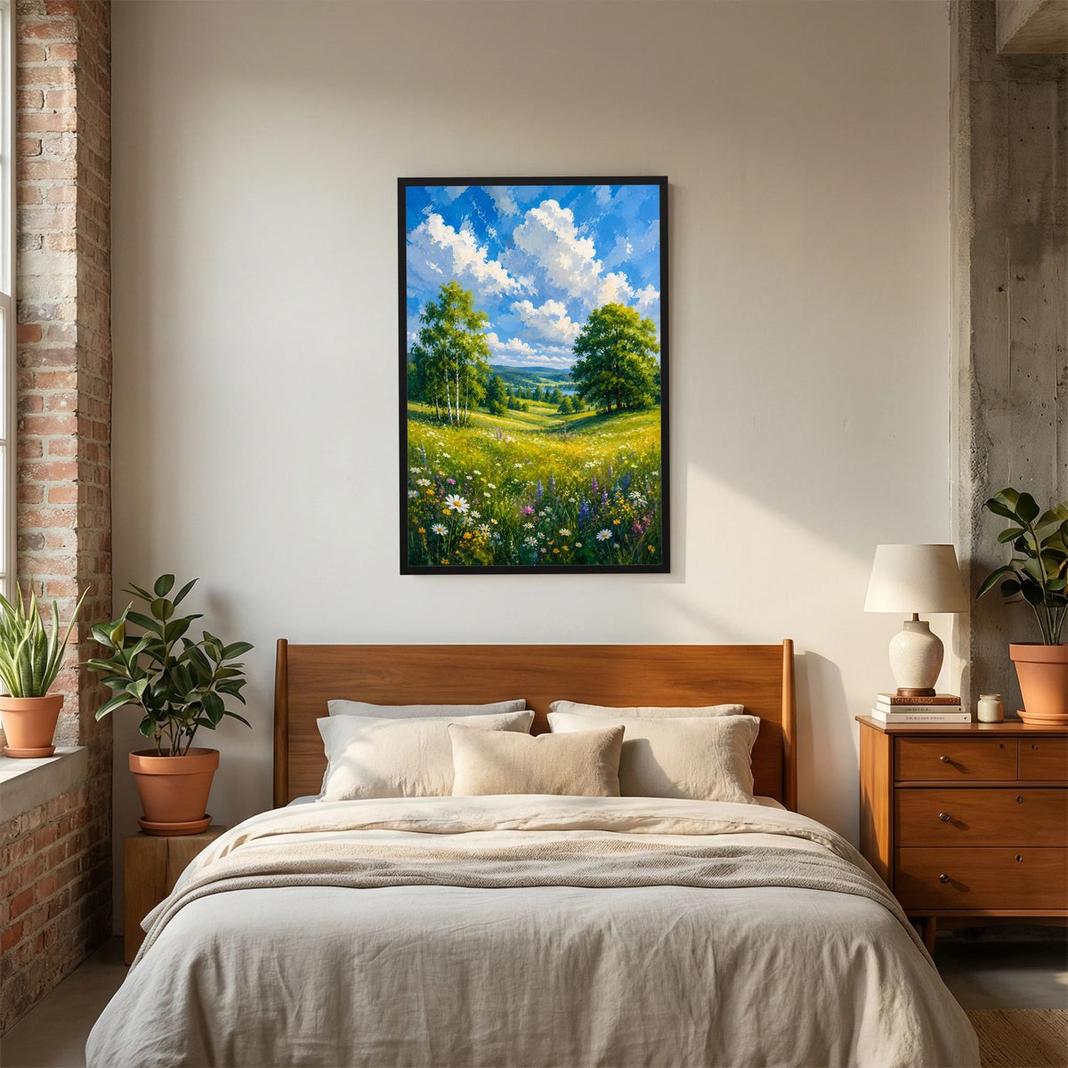 Kunstposter mit dunklem Holzrahmen, Motiv: blühende Wiese und grüne Bäume im Tal.