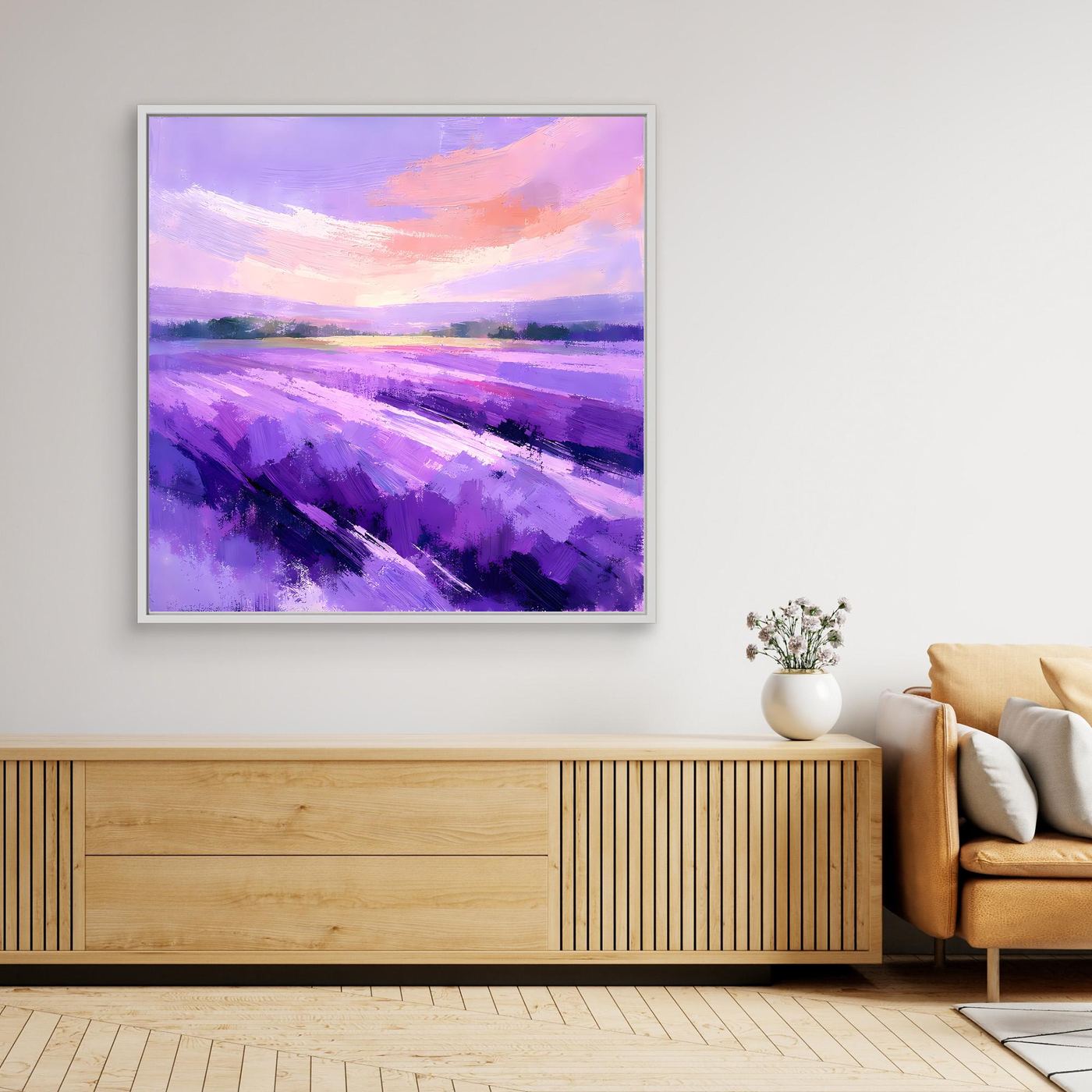 Leinwand Abstraktes Lavendelfeld im Abendlicht | Modernes Provence Wandbild Lila