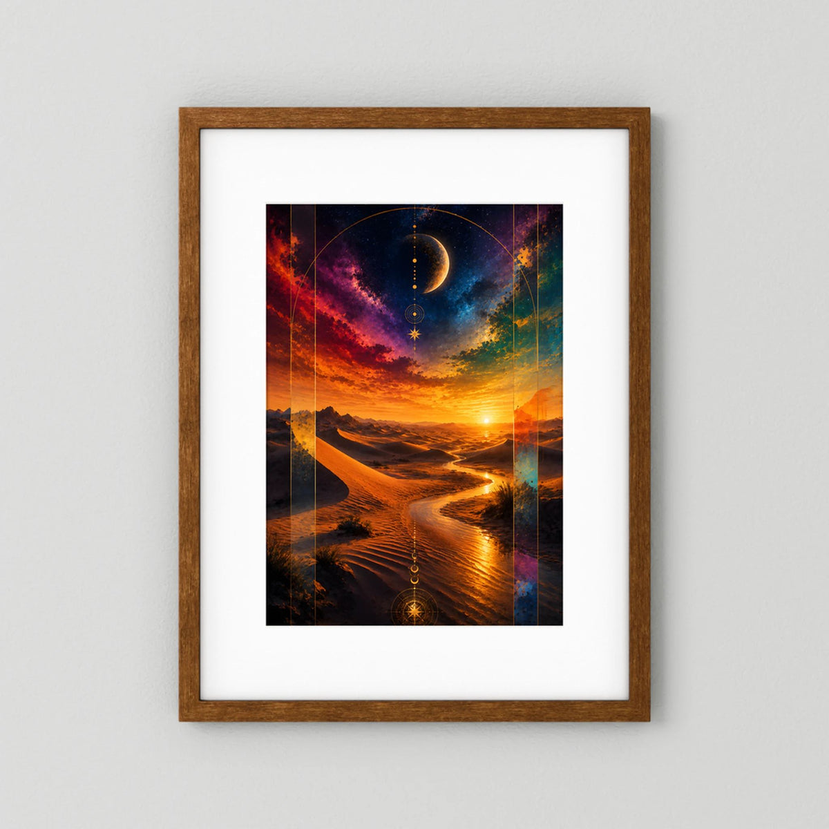 Poster Hochformat mit braunem Holzrahmen: kosmische Wüste, Mond und goldener Sonnenuntergang.