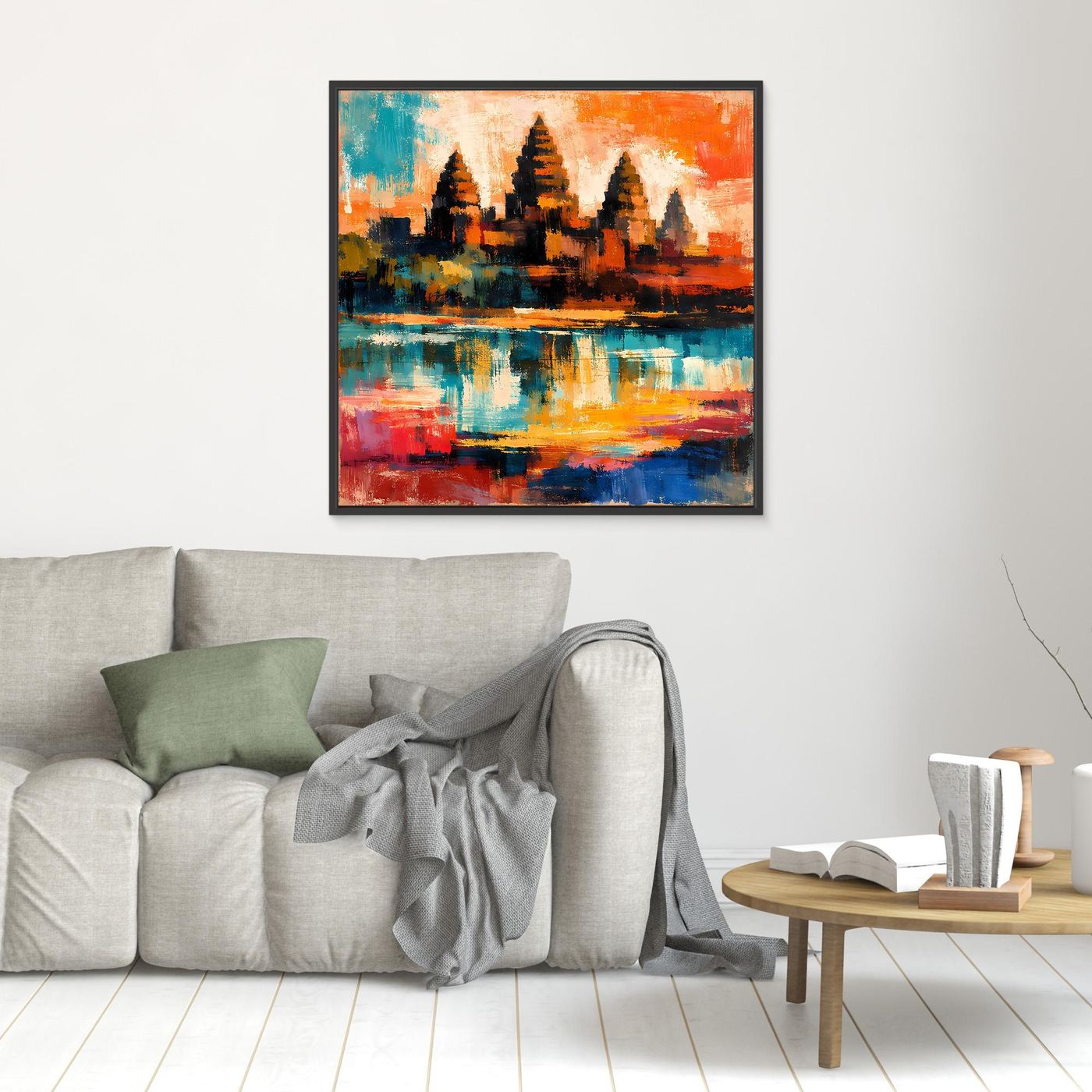 Kleines Wandbild mit abstrakter Maya-Pyramide, orange-blaue Farbfelder, schwarz gerahmt.