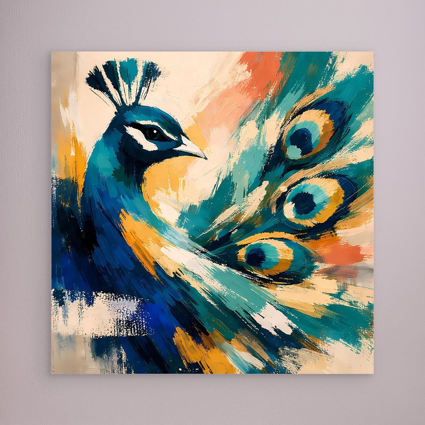 Peacock canvas wall art with abstract blue teal feathers and golden accents, frameless look