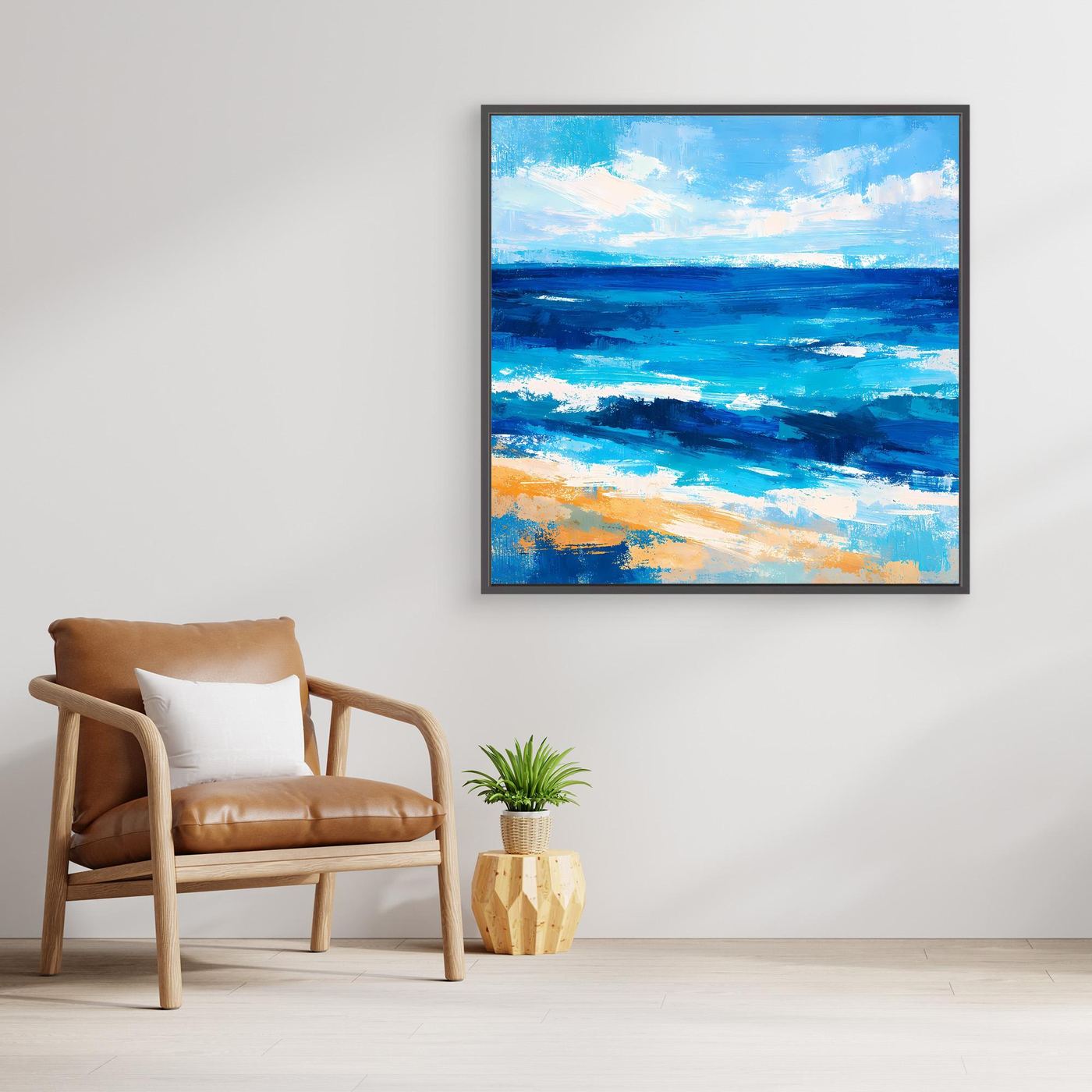 Abstract ocean canvas wall art with blue waves and a dark frame border