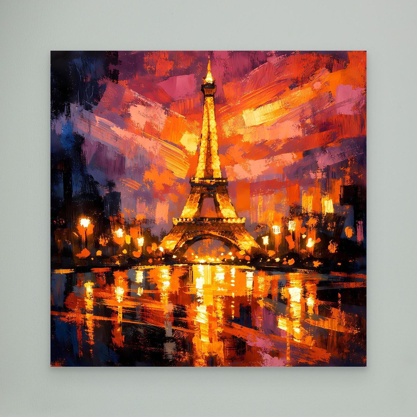 Abstraktes Leinwand-Wandbild mit Eiffelturm bei Nacht, ohne sichtbaren Rahmen.