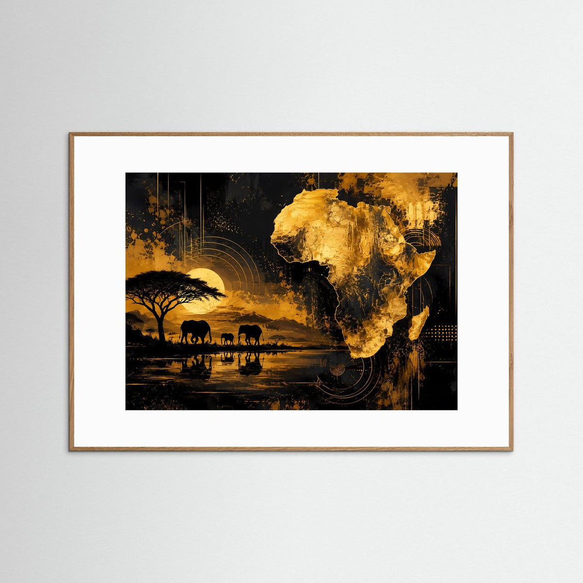 Poster im Querformat mit goldener Afrika-Karte und Elefantenmotiv, weiß gerandet, braun gerahmt