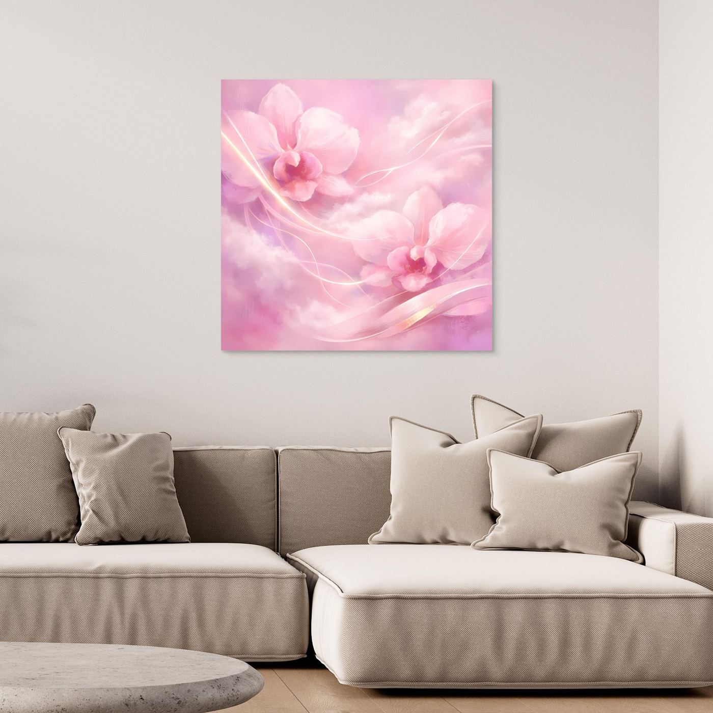 Leinwandbild mit abstrakten rosa Orchideen im Pastellhimmel, ohne Rahmen