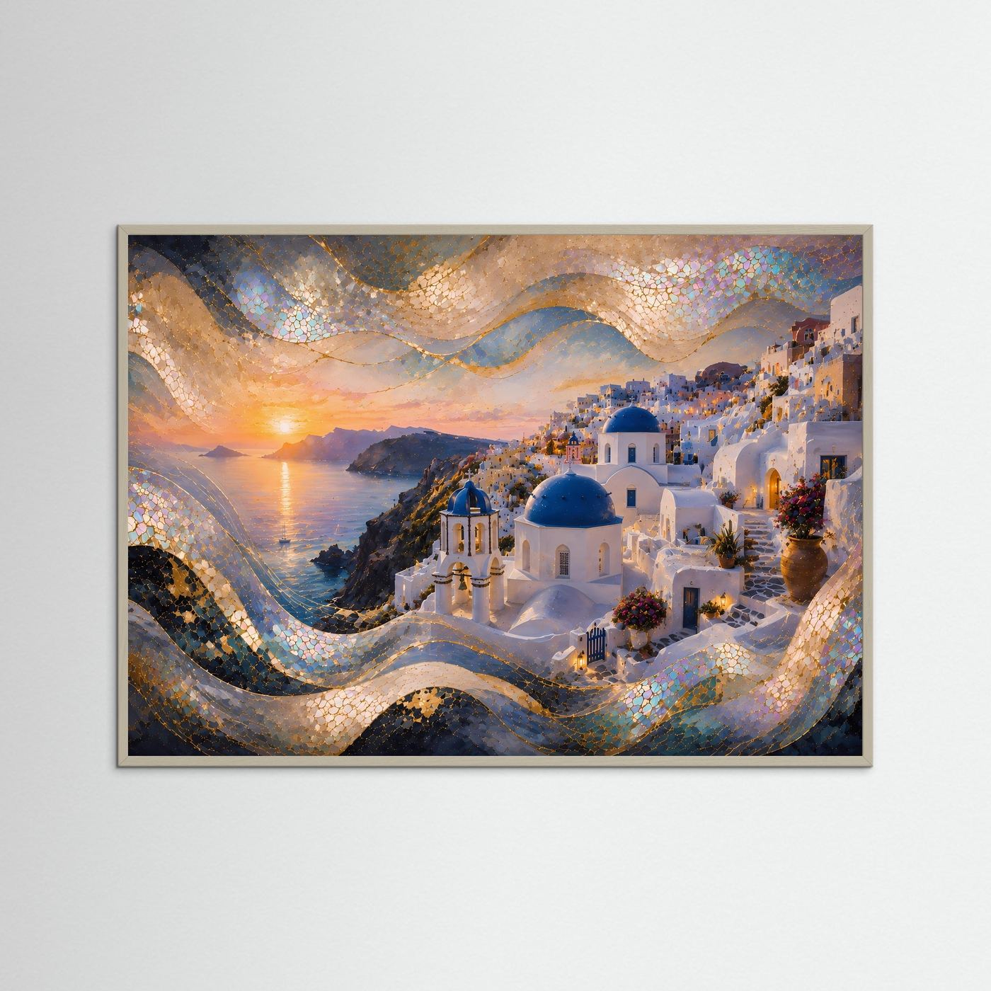 Santorini im goldenen Sonnenuntergang | Mediterrane Wandkunst mit Perlmutt