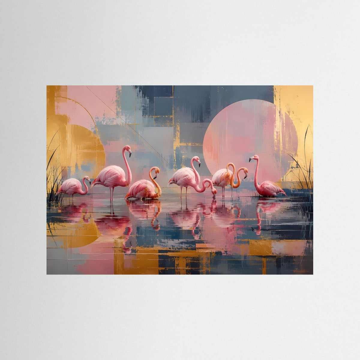 Wandposter mit rosafarbenen Flamingos auf abstraktem See, Pastellfarben und goldfarbene Akzente
