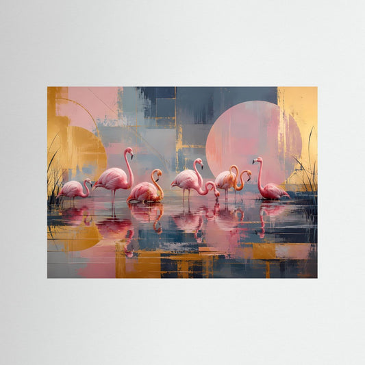 Wandposter mit rosafarbenen Flamingos auf abstraktem See, Pastellfarben und goldfarbene Akzente