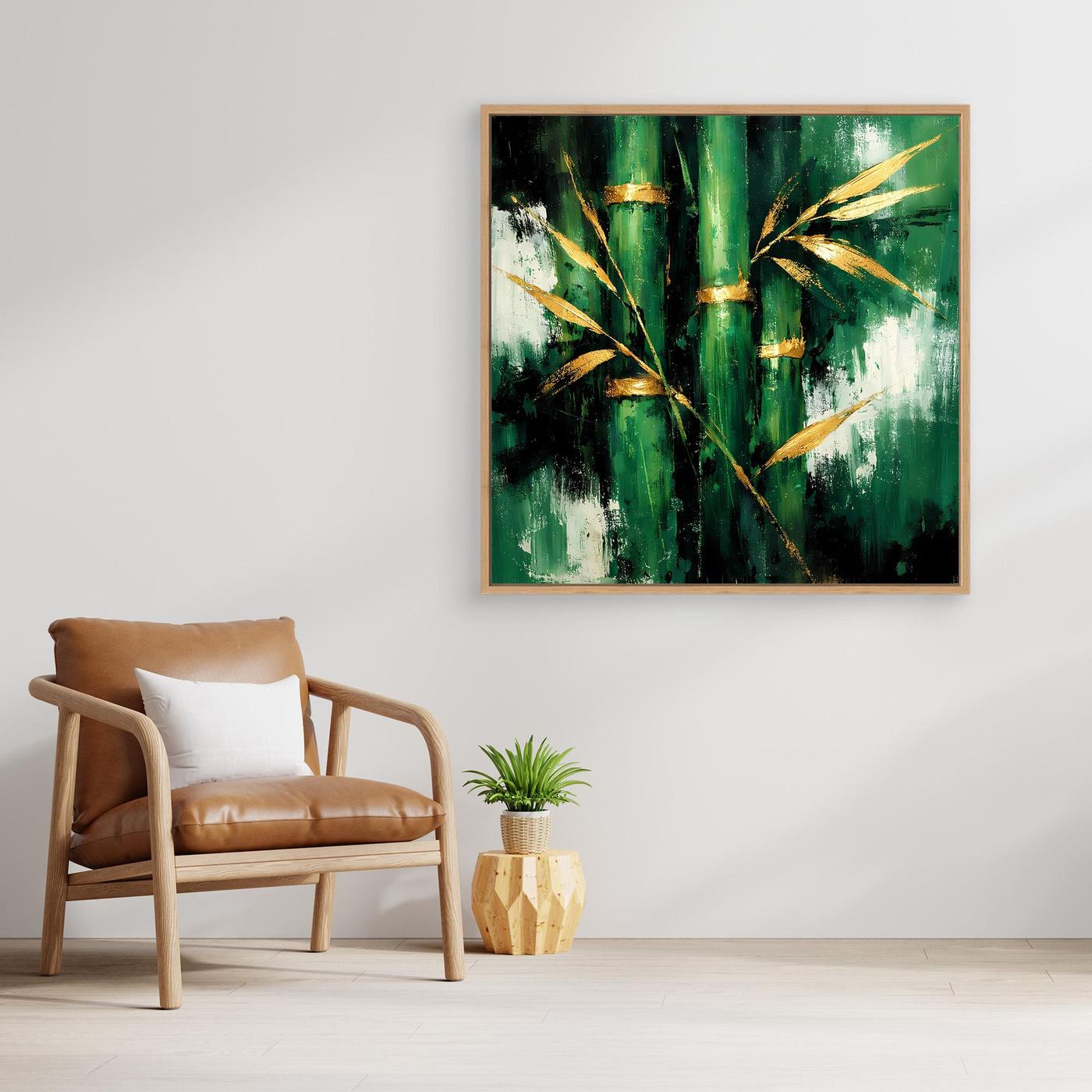 Leinwand Abstraktes Bambus Gemälde in Grün und Gold | Modernes Natur Wandbild