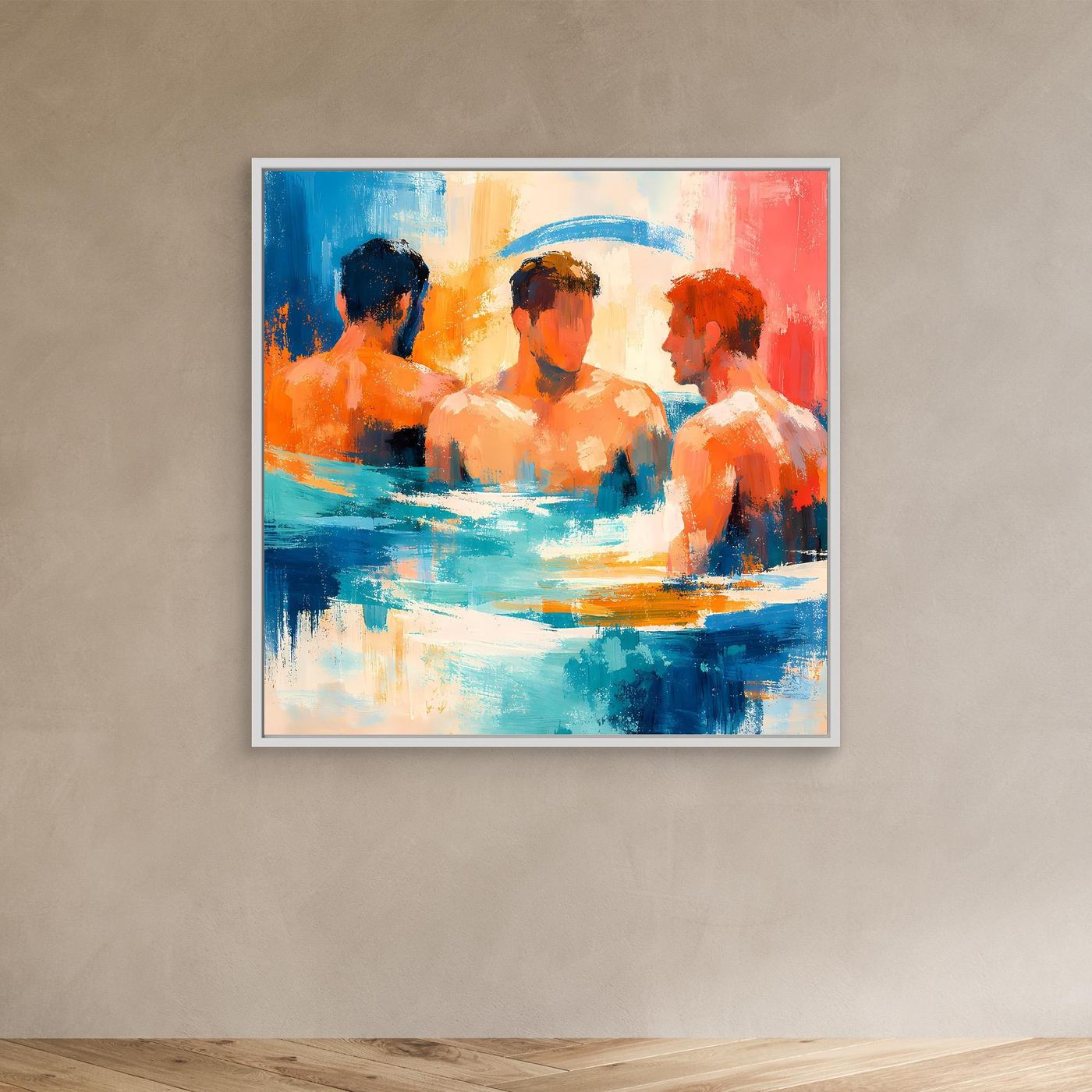 Framed abstract men-in-water painting wall art with blue and orange figures, white frame