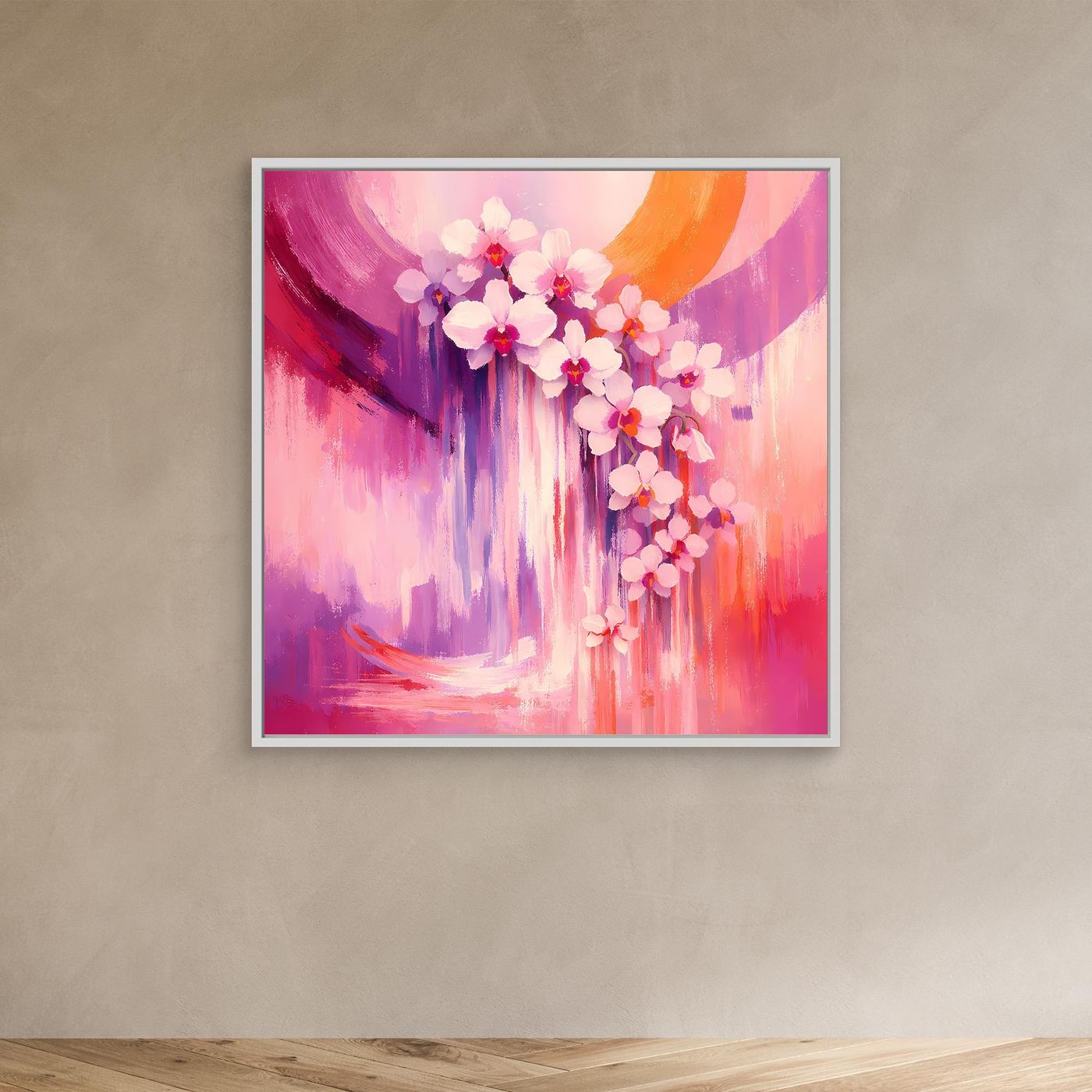Leinwandbild mit abstrakten Orchideenblüten in Pink und Violett, weißer Rahmen
