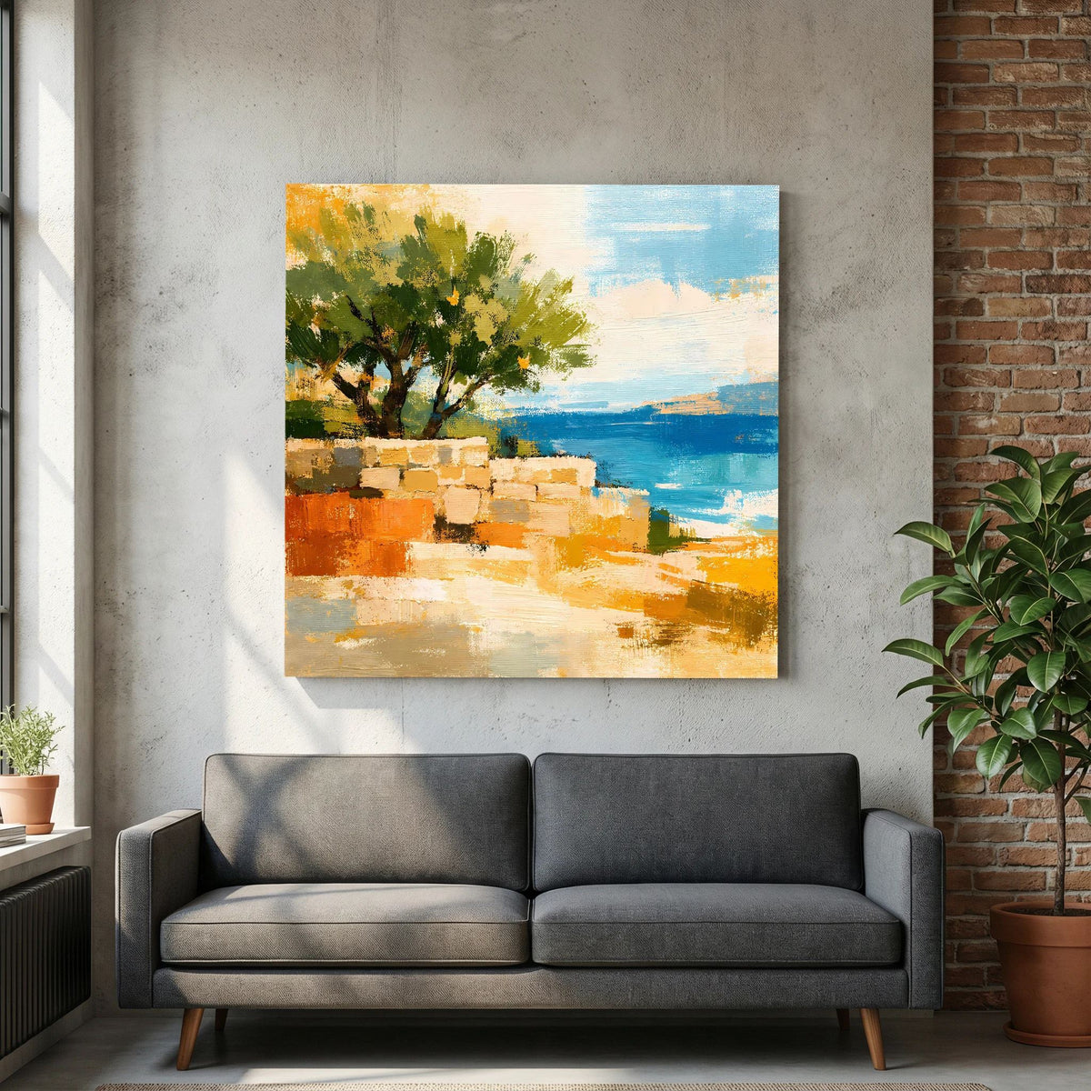 Quadratisches Leinwand-Wandbild mit grünem Baum und orangebraunem Strand, davor blaues Wasser.
